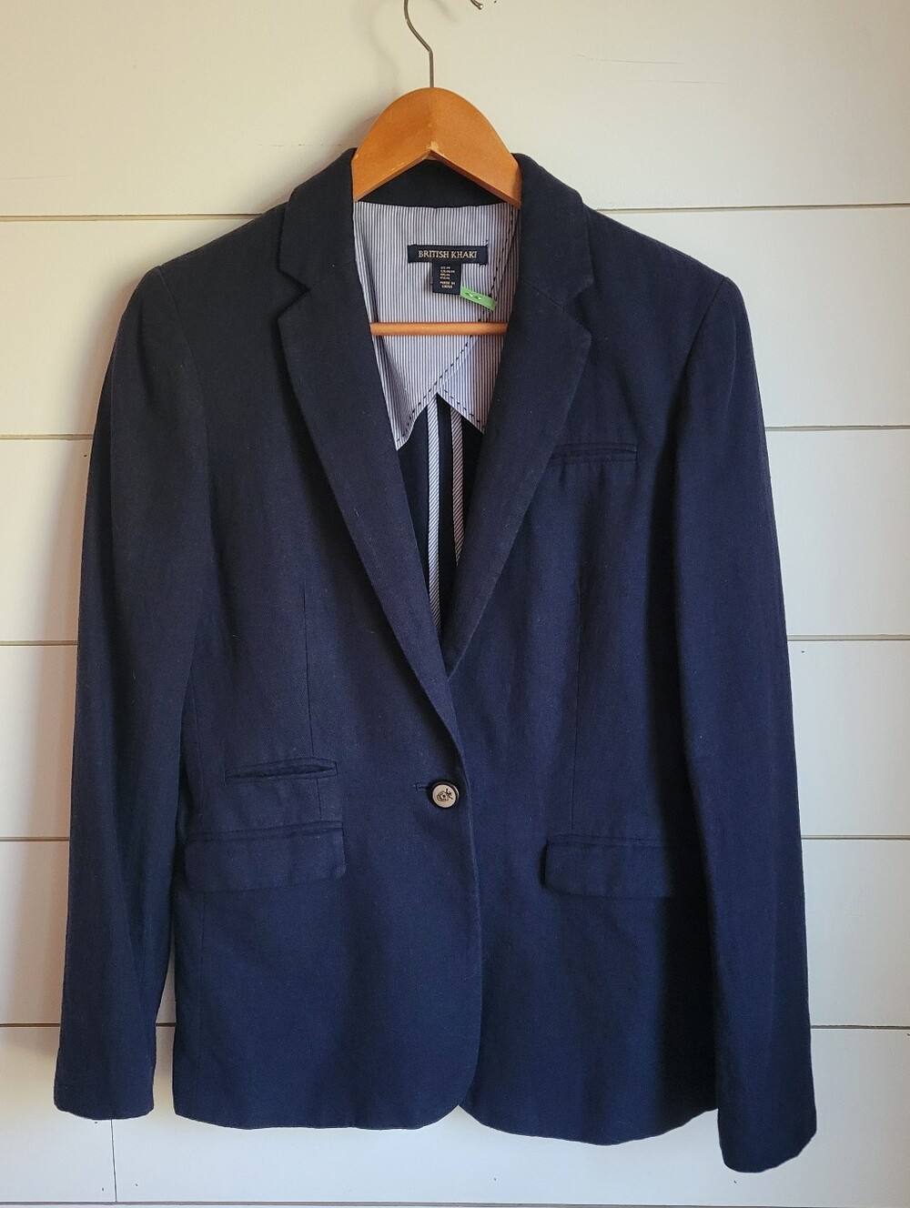 British Khaki Navy Single-Breasted Linen Blazer Women's Size M
